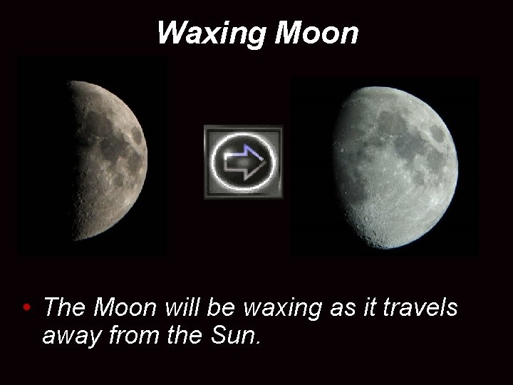 Waxing Moon • The Moon will be waxing as it travels away from the