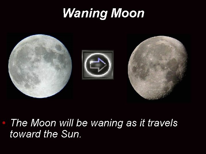 Waning Moon • The Moon will be waning as it travels toward the Sun.