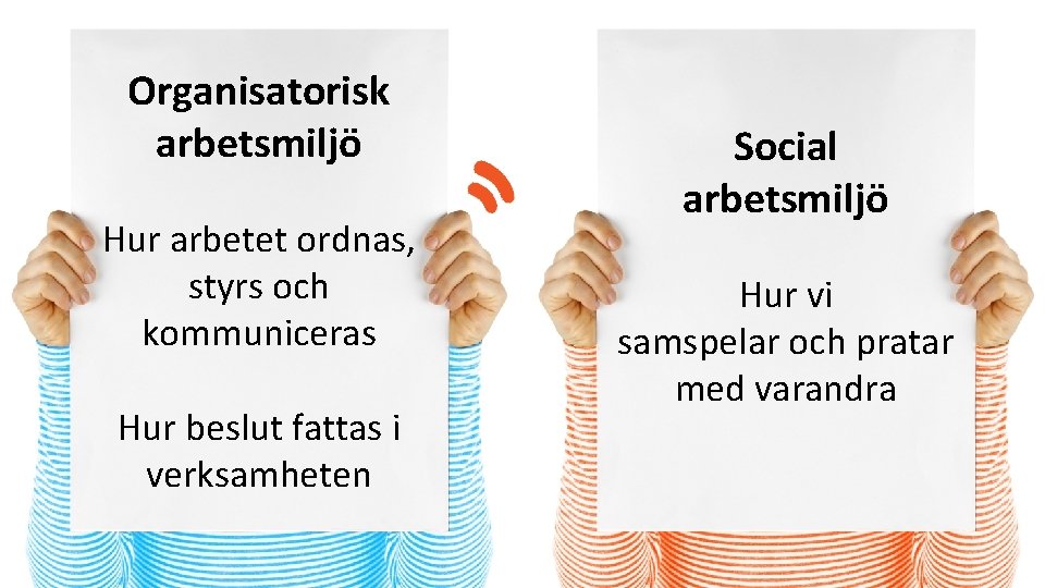 Organisatorisk arbetsmiljö Hur arbetet ordnas, styrs och kommuniceras Hur beslut fattas i verksamheten Social