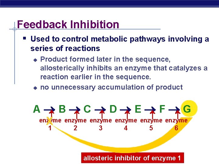 Feedback Inhibition § Used to control metabolic pathways involving a series of reactions u