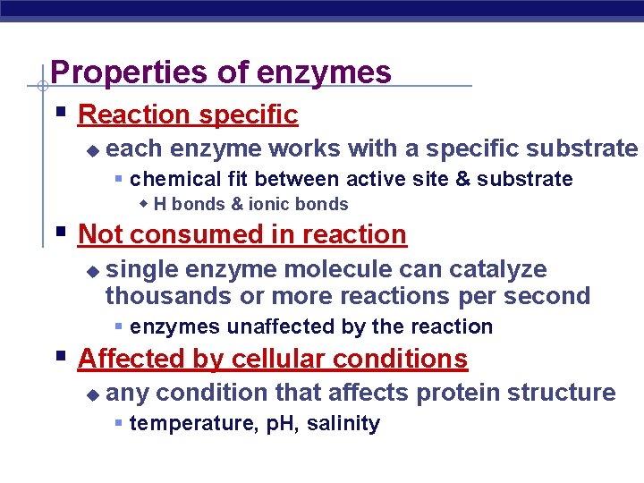 Properties of enzymes § Reaction specific u each enzyme works with a specific substrate