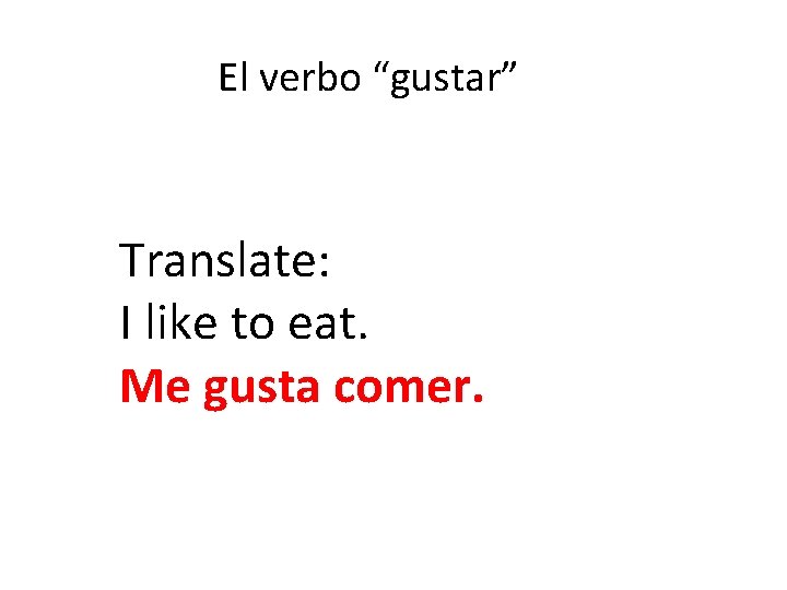 El verbo “gustar” Translate: I like to eat. Me gusta comer. 