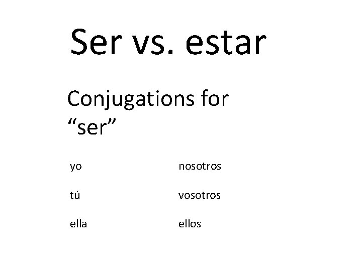 Ser vs. estar Conjugations for “ser” yo nosotros tú vosotros ella ellos 