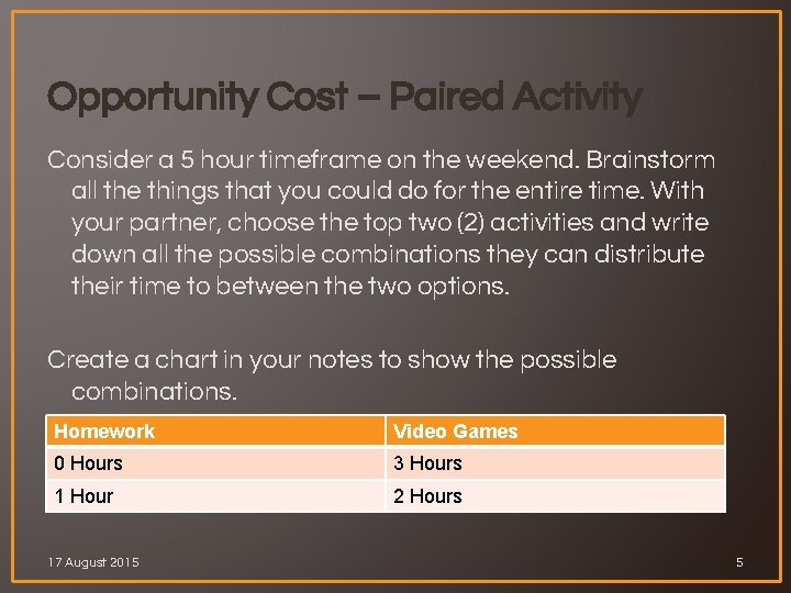 Opportunity Cost – Paired Activity Consider a 5 hour timeframe on the weekend. Brainstorm