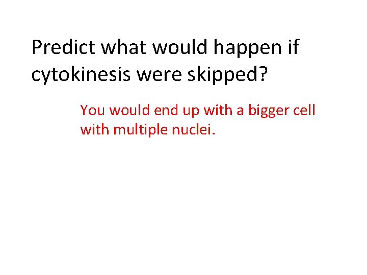 Predict what would happen if cytokinesis were skipped? You would end up with a