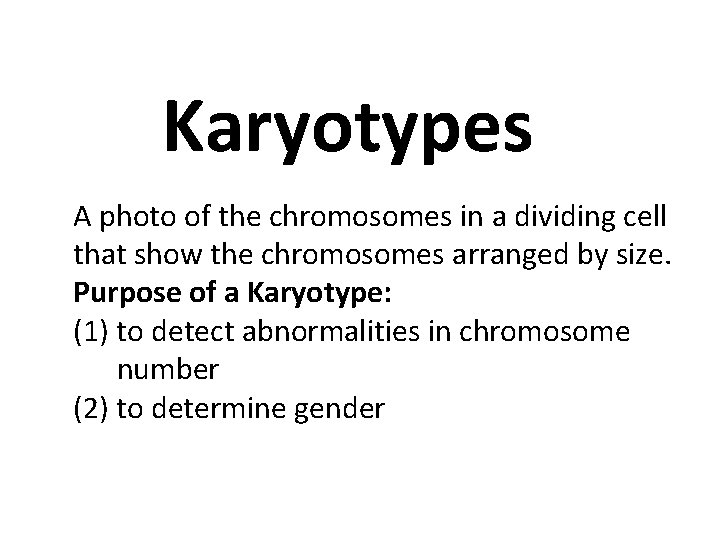 Karyotypes A photo of the chromosomes in a dividing cell that show the chromosomes