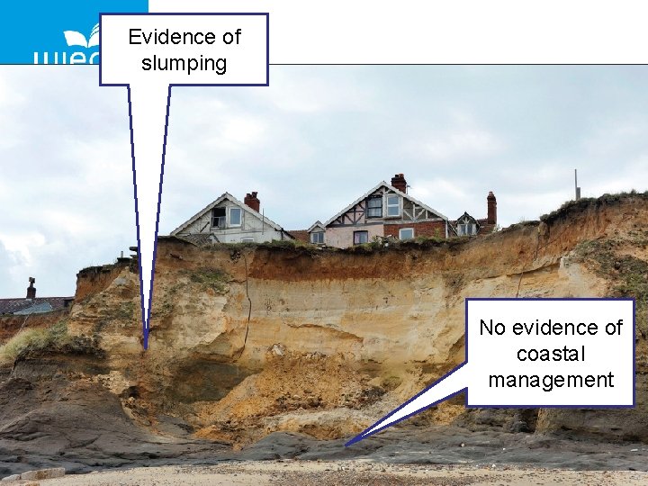 Evidence of slumping No evidence of coastal management 