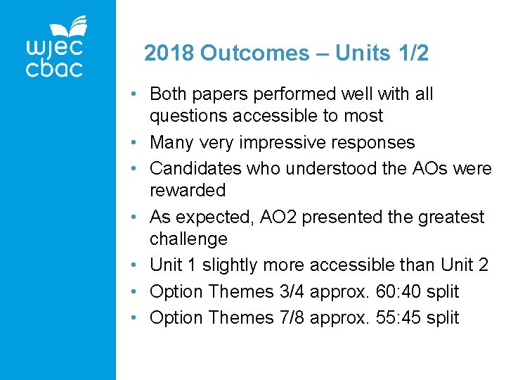 2018 Outcomes – Units 1/2 • Both papers performed well with all questions accessible