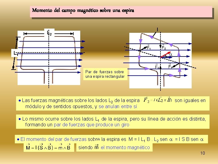 Momento del campo magnético sobre una espira I L 2 L 1 Par de