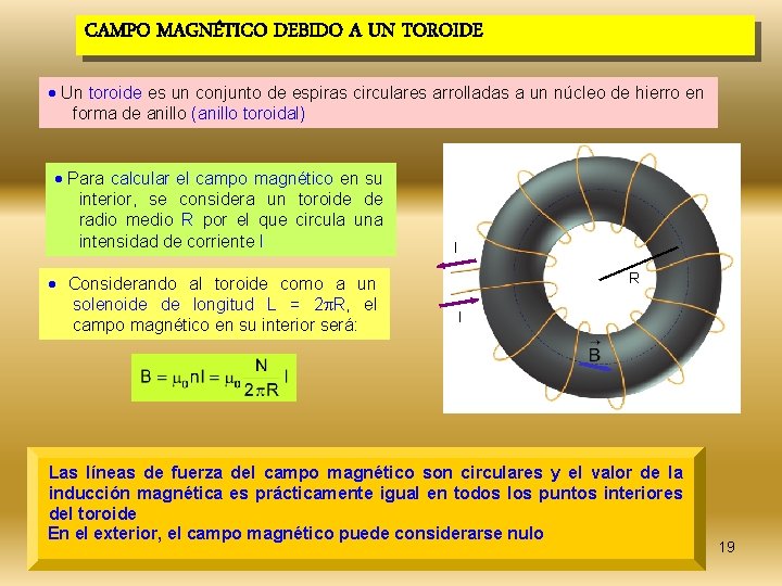 CAMPO MAGNÉTICO DEBIDO A UN TOROIDE Un toroide es un conjunto de espiras circulares