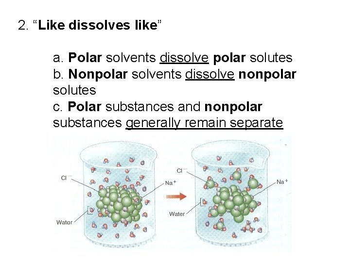 2. “Like dissolves like” a. Polar solvents dissolve polar solutes b. Nonpolar solvents dissolve 2. “Like dissolves like” a. Polar solvents dissolve polar solutes b. Nonpolar solvents dissolve