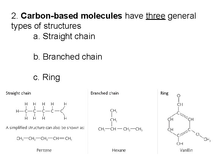 2. Carbon-based molecules have three general types of structures a. Straight chain b. Branched 2. Carbon-based molecules have three general types of structures a. Straight chain b. Branched