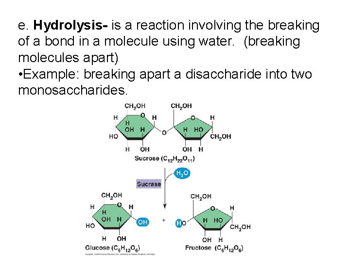 e. Hydrolysis- is a reaction involving the breaking of a bond in a molecule e. Hydrolysis- is a reaction involving the breaking of a bond in a molecule