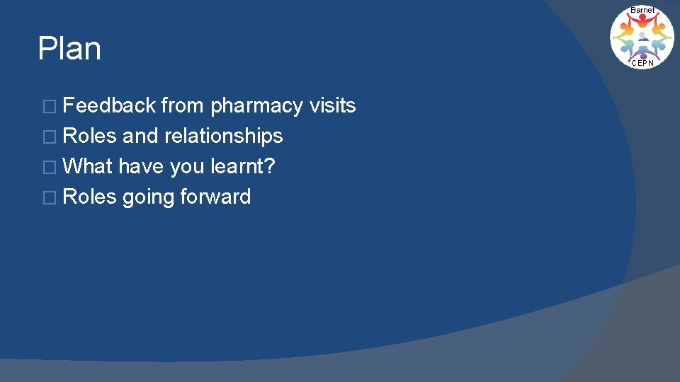 Barnet Plan � Feedback from pharmacy visits � Roles and relationships � What have