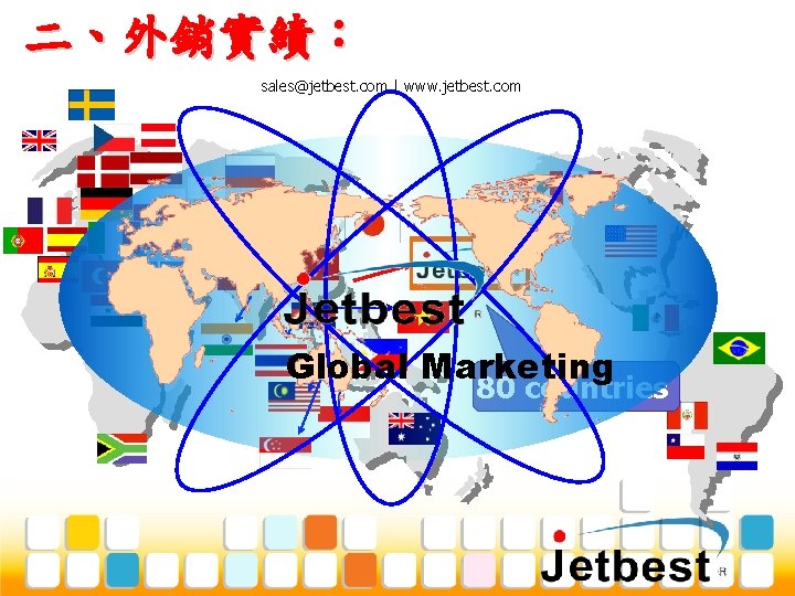 二、外銷實績： sales@jetbest. com | www. jetbest. com Global Marketing 80 countries 