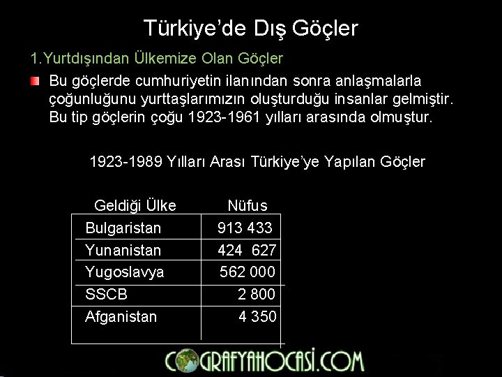 Türkiye’de Dış Göçler 1. Yurtdışından Ülkemize Olan Göçler Bu göçlerde cumhuriyetin ilanından sonra anlaşmalarla