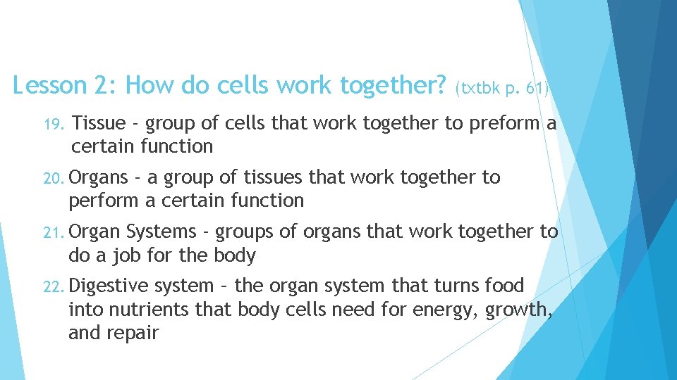 Lesson 2: How do cells work together? 19. (txtbk p. 61) Tissue - group