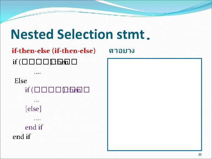Nested Selection stmt. if-then-else (if-then-else) ตวอยาง if (���� ) then …. Else if (���� Nested Selection stmt. if-then-else (if-then-else) ตวอยาง if (���� ) then …. Else if (����