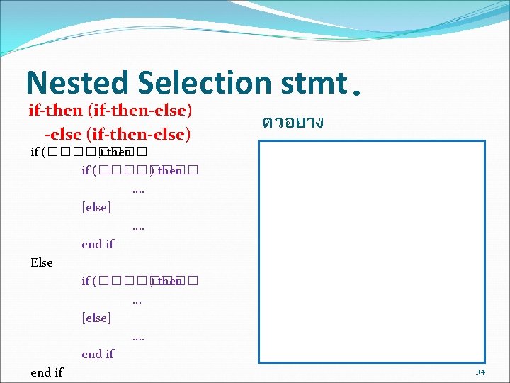 Nested Selection stmt. if-then (if-then-else) -else (if-then-else) if (�������� ) then …. [else] ….