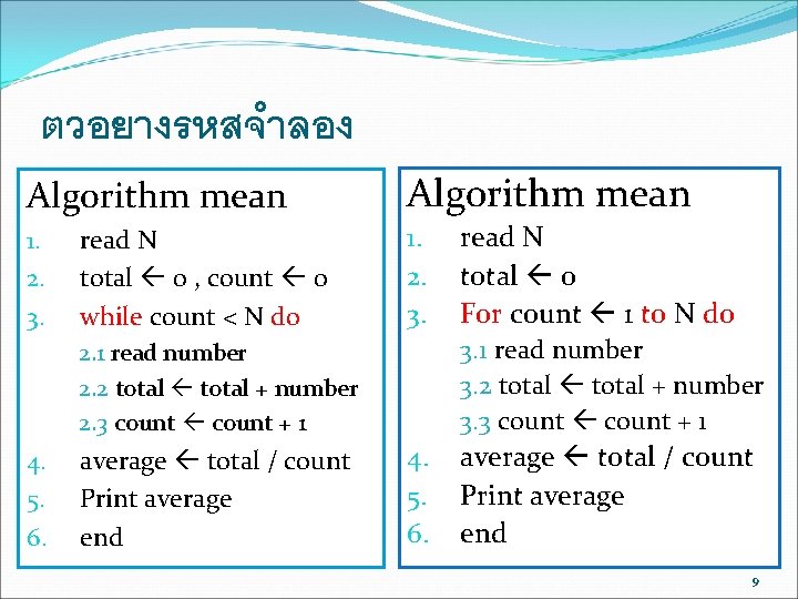ตวอยางรหสจำลอง Algorithm mean 1. 2. 3. read N total 0 , count 0 while ตวอยางรหสจำลอง Algorithm mean 1. 2. 3. read N total 0 , count 0 while