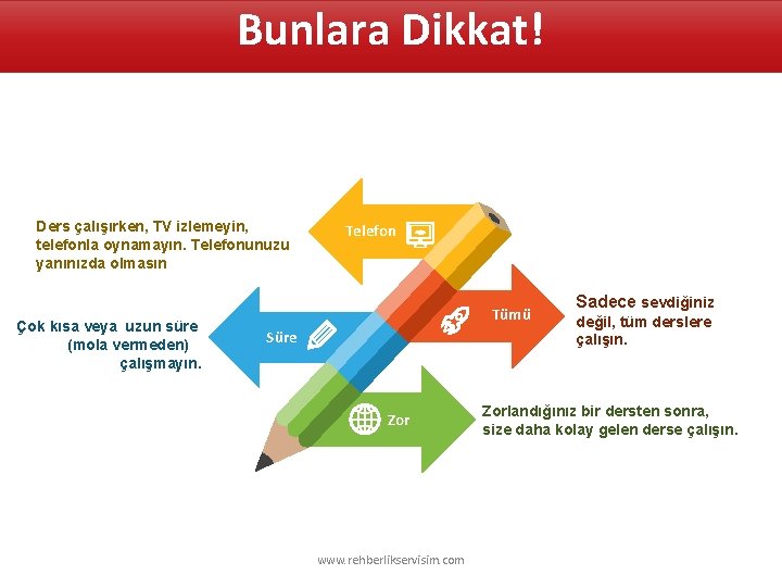 Bunlara Dikkat! Ders çalışırken, TV izlemeyin, telefonla oynamayın. Telefonunuzu yanınızda olmasın Çok kısa veya