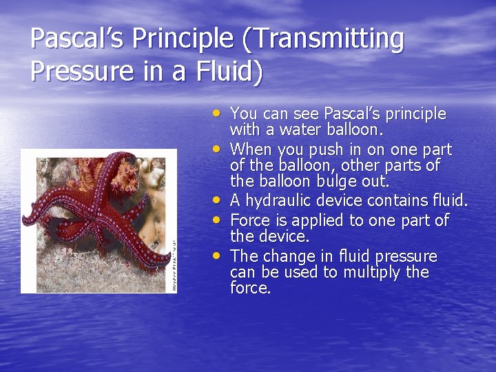 Pascal’s Principle (Transmitting Pressure in a Fluid) • You can see Pascal’s principle •