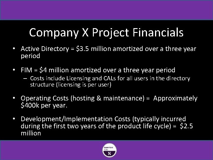 Company X Project Financials • Active Directory = $3. 5 million amortized over a
