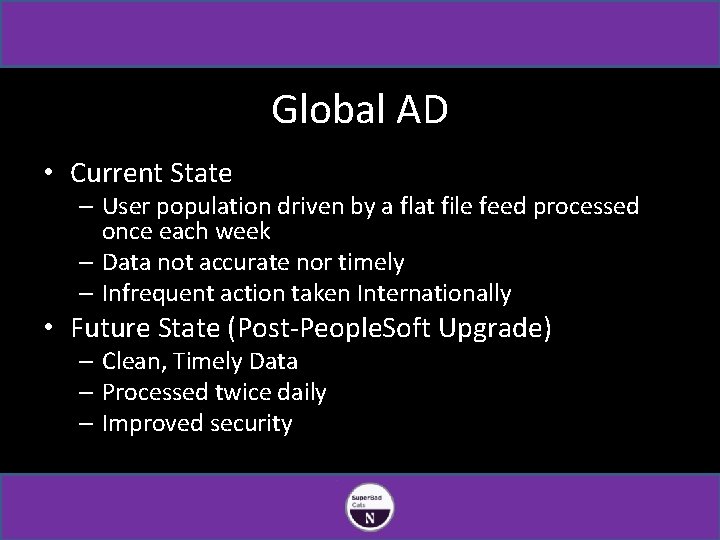 Global AD • Current State – User population driven by a flat file feed
