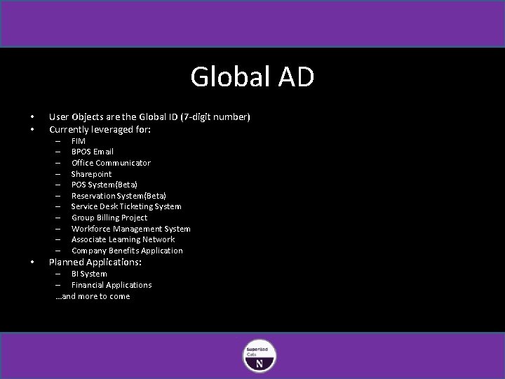 Global AD • • User Objects are the Global ID (7 -digit number) Currently