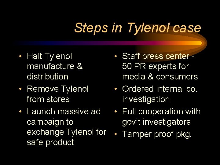 Steps in Tylenol case • Halt Tylenol manufacture & distribution • Remove Tylenol from