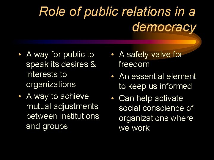 Role of public relations in a democracy • A way for public to speak