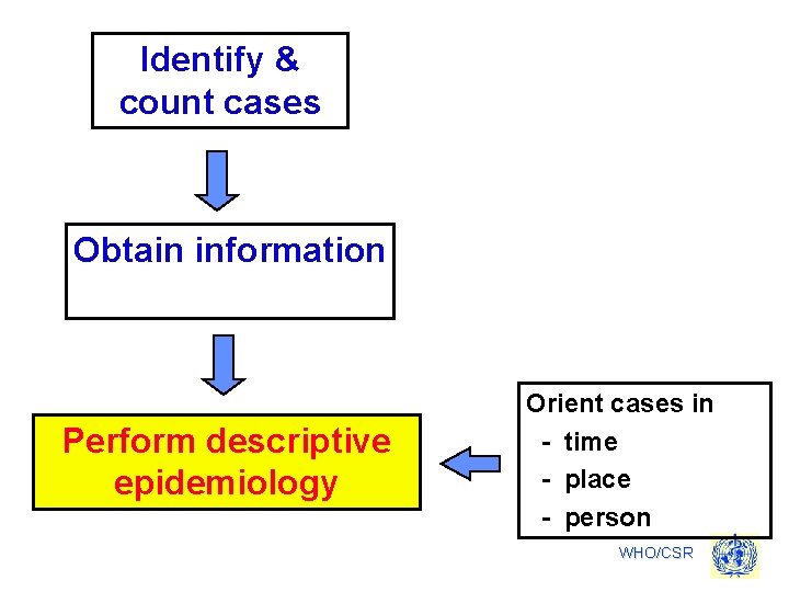 Identify & count cases Obtain information Perform descriptive epidemiology Orient cases in - time