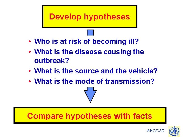 Develop hypotheses • Who is at risk of becoming ill? • What is the