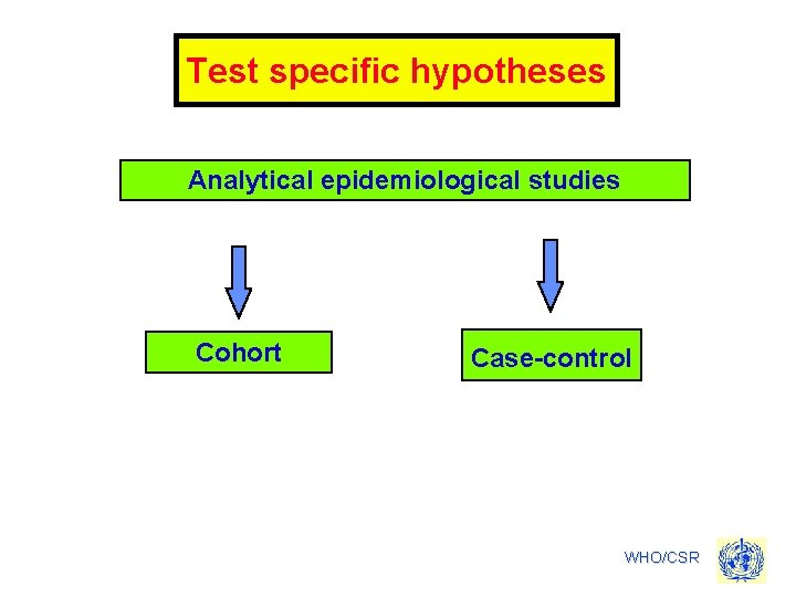 Test specific hypotheses Analytical epidemiological studies Cohort Case-control WHO/CSR 
