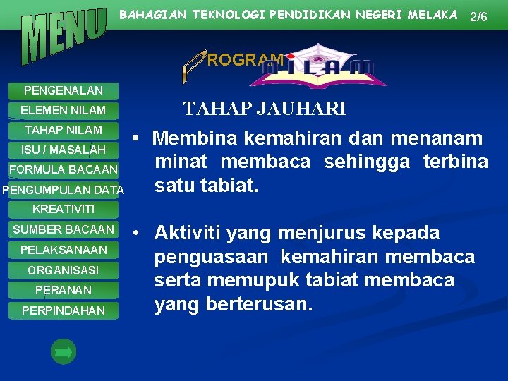 BAHAGIAN TEKNOLOGI PENDIDIKAN NEGERI MELAKA 2/6 ROGRAM PENGENALAN ELEMEN NILAM TAHAP NILAM ISU /