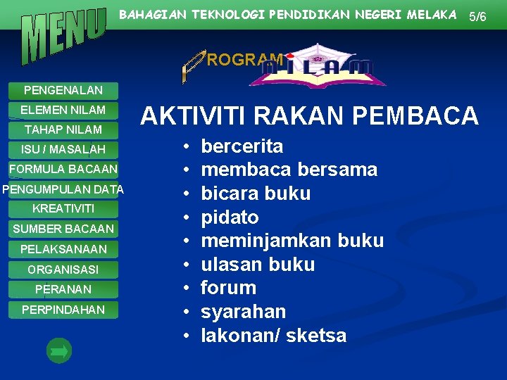 BAHAGIAN TEKNOLOGI PENDIDIKAN NEGERI MELAKA 5/6 ROGRAM PENGENALAN ELEMEN NILAM TAHAP NILAM ISU /