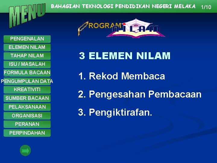 BAHAGIAN TEKNOLOGI PENDIDIKAN NEGERI MELAKA 1/10 ROGRAM PENGENALAN ELEMEN NILAM TAHAP NILAM ISU /