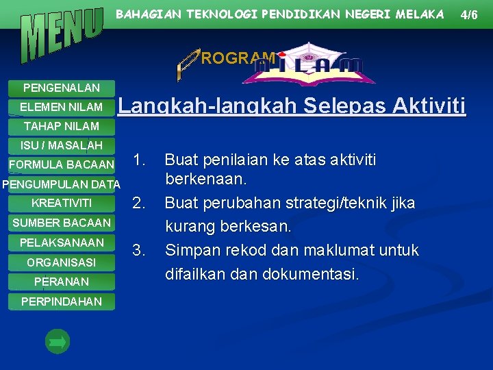 BAHAGIAN TEKNOLOGI PENDIDIKAN NEGERI MELAKA 4/6 ROGRAM PENGENALAN ELEMEN NILAM Langkah-langkah Selepas Aktiviti TAHAP