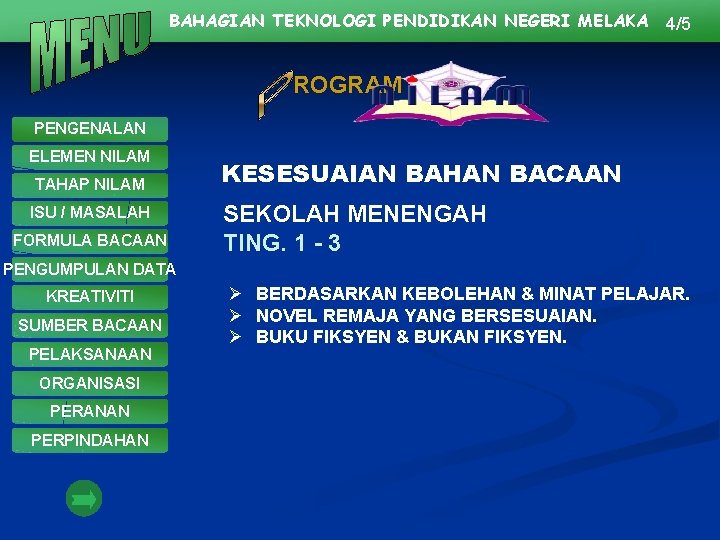 BAHAGIAN TEKNOLOGI PENDIDIKAN NEGERI MELAKA 4/5 ROGRAM PENGENALAN ELEMEN NILAM TAHAP NILAM ISU /
