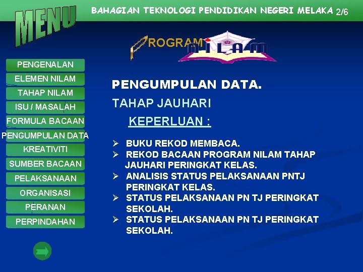 BAHAGIAN TEKNOLOGI PENDIDIKAN NEGERI MELAKA 2/6 ROGRAM PENGENALAN ELEMEN NILAM TAHAP NILAM ISU /