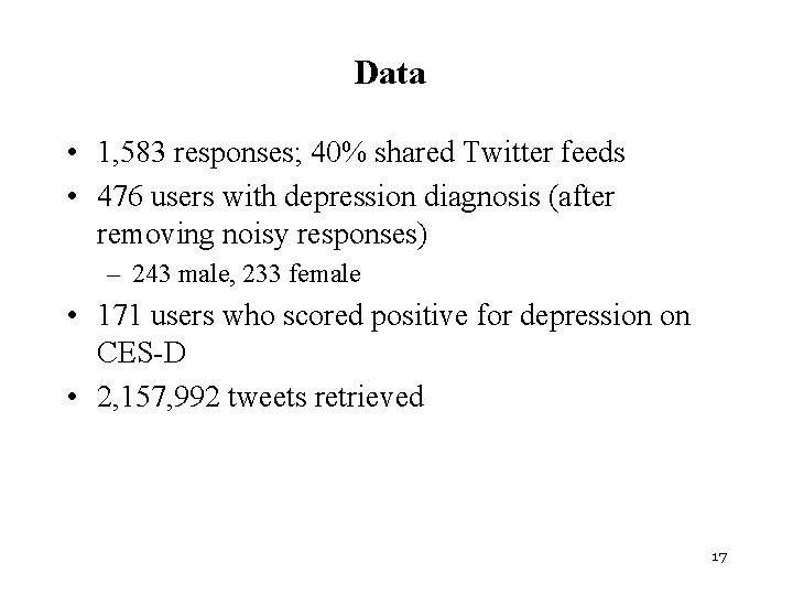 Data • 1, 583 responses; 40% shared Twitter feeds • 476 users with depression