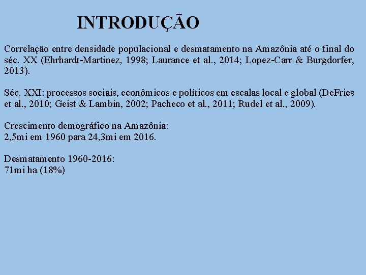 INTRODUÇÃO Correlação entre densidade populacional e desmatamento na Amazônia até o final do séc.