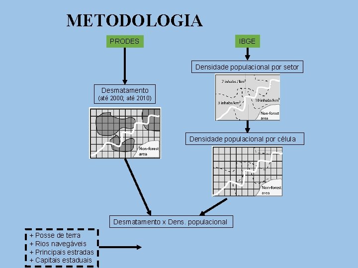 METODOLOGIA IBGE PRODES Densidade populacional por setor Desmatamento (até 2000; até 2010) Densidade populacional