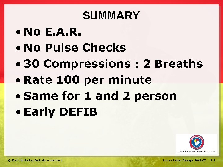 SUMMARY • No E. A. R. • No Pulse Checks • 30 Compressions :