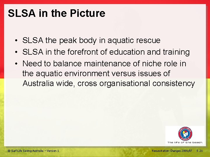 SLSA in the Picture • SLSA the peak body in aquatic rescue • SLSA
