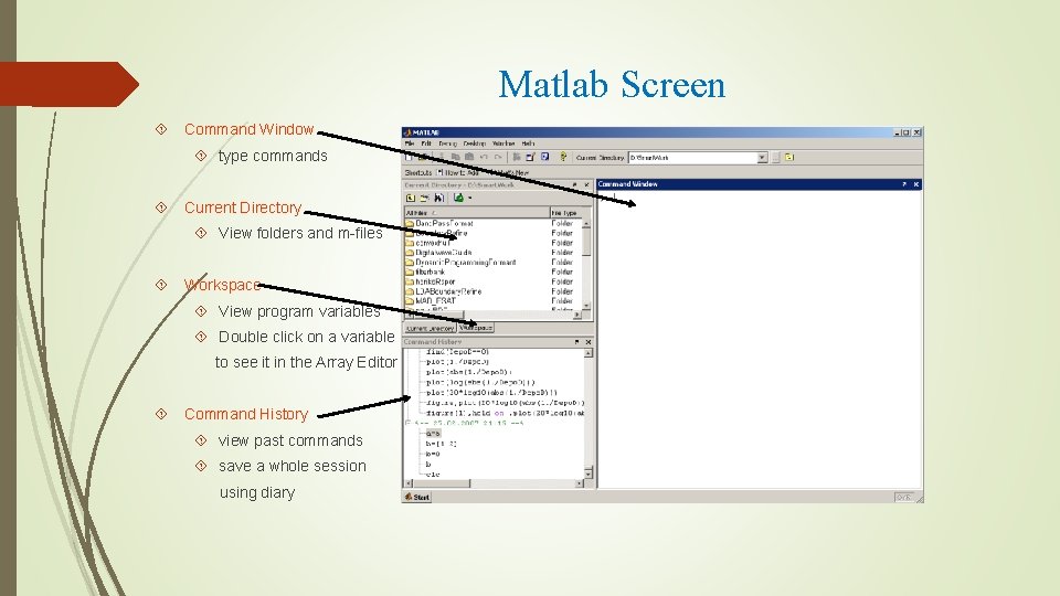 Matlab Screen Command Window type commands Current Directory View folders and m-files Workspace View