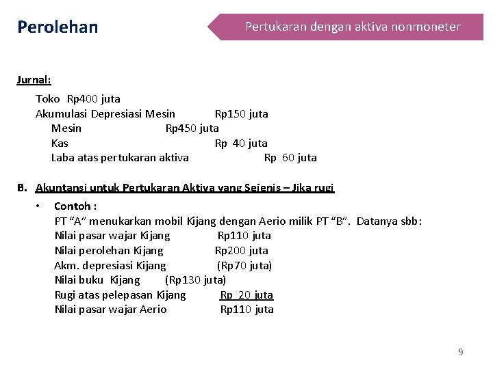 Perolehan Pertukaran dengan aktiva nonmoneter Jurnal: Toko Rp 400 juta Akumulasi Depresiasi Mesin Rp