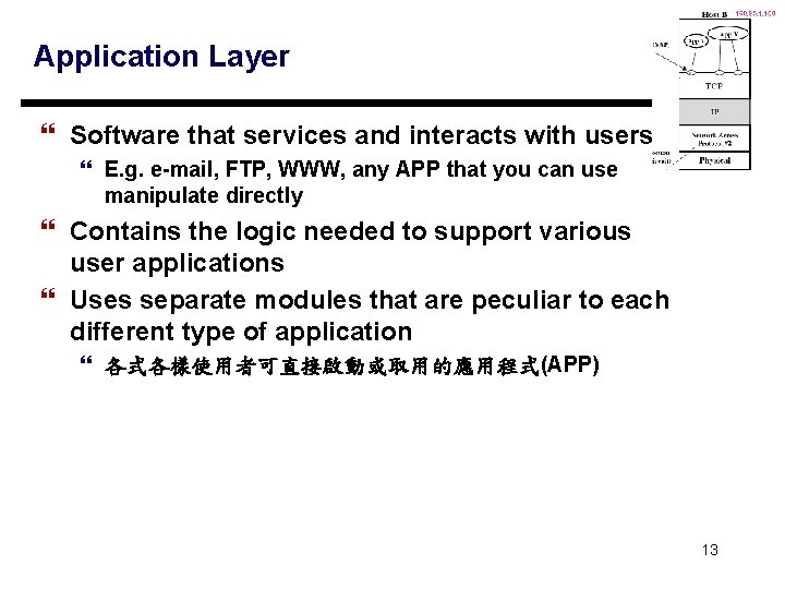 Application Layer } Software that services and interacts with users } E. g. e-mail,