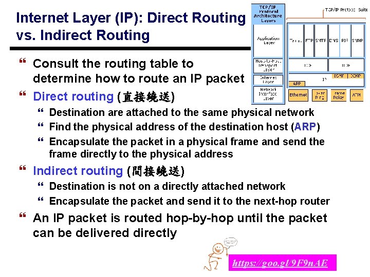 Internet Layer (IP): Direct Routing vs. Indirect Routing } Consult the routing table to