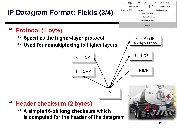 IP Datagram Format: Fields (3/4) } Protocol (1 byte) } Specifies the higher-layer protocol